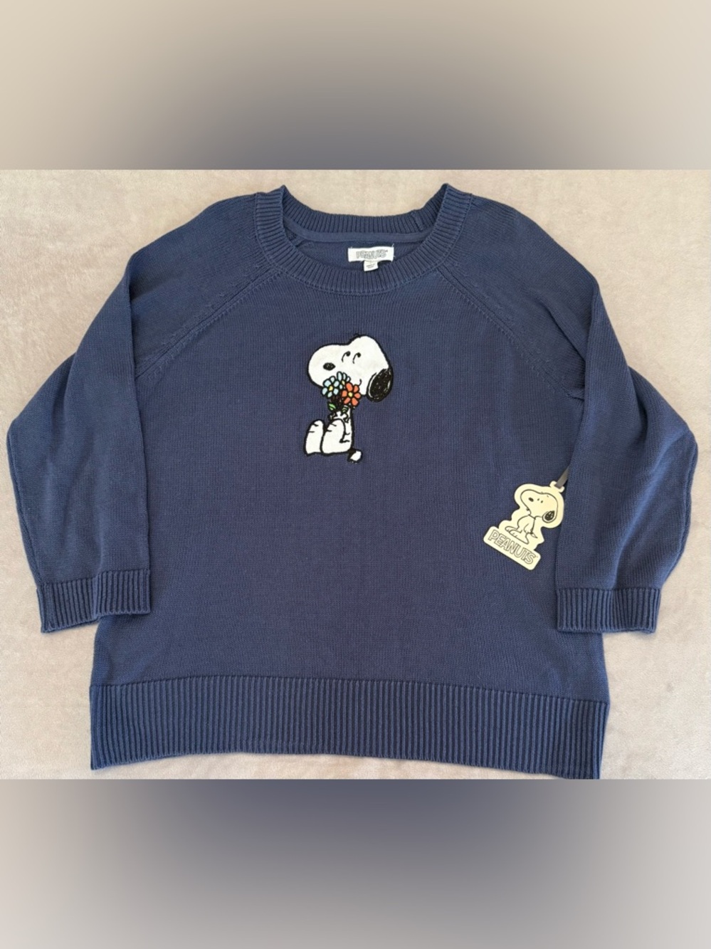 Peanuts Snoopy Sweater Woman Large NWT Blue Knit Crewneck Cotton Blend $72 MSRP